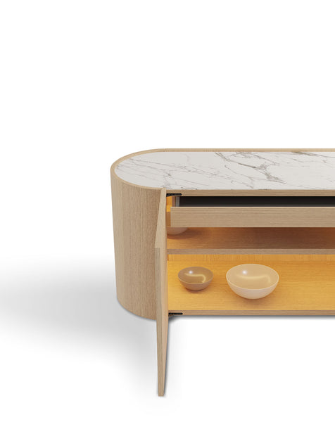 DEDALO SIDEBOARD 91" - NATURAL ASH/MATT CALACATTA MARBLE GLASS TOP