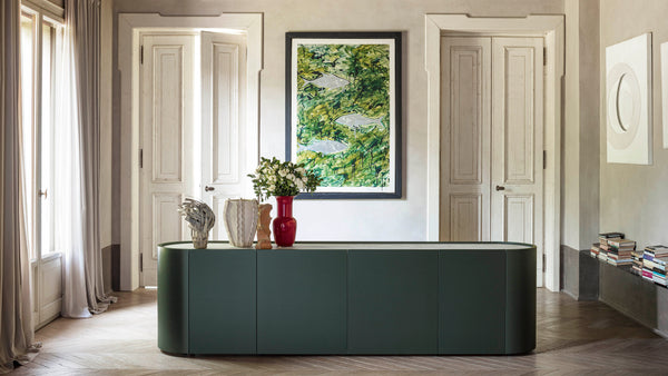 DEDALO SIDEBOARD 91" - WALNUT/MATT CALACATTA MARBLE GLASS TOP