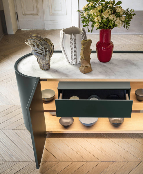 DEDALO SIDEBOARD 91" - NATURAL ASH/MATT CALACATTA MARBLE GLASS TOP