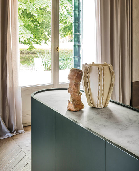 DEDALO SIDEBOARD 91" - WALNUT/MATT CALACATTA MARBLE GLASS TOP